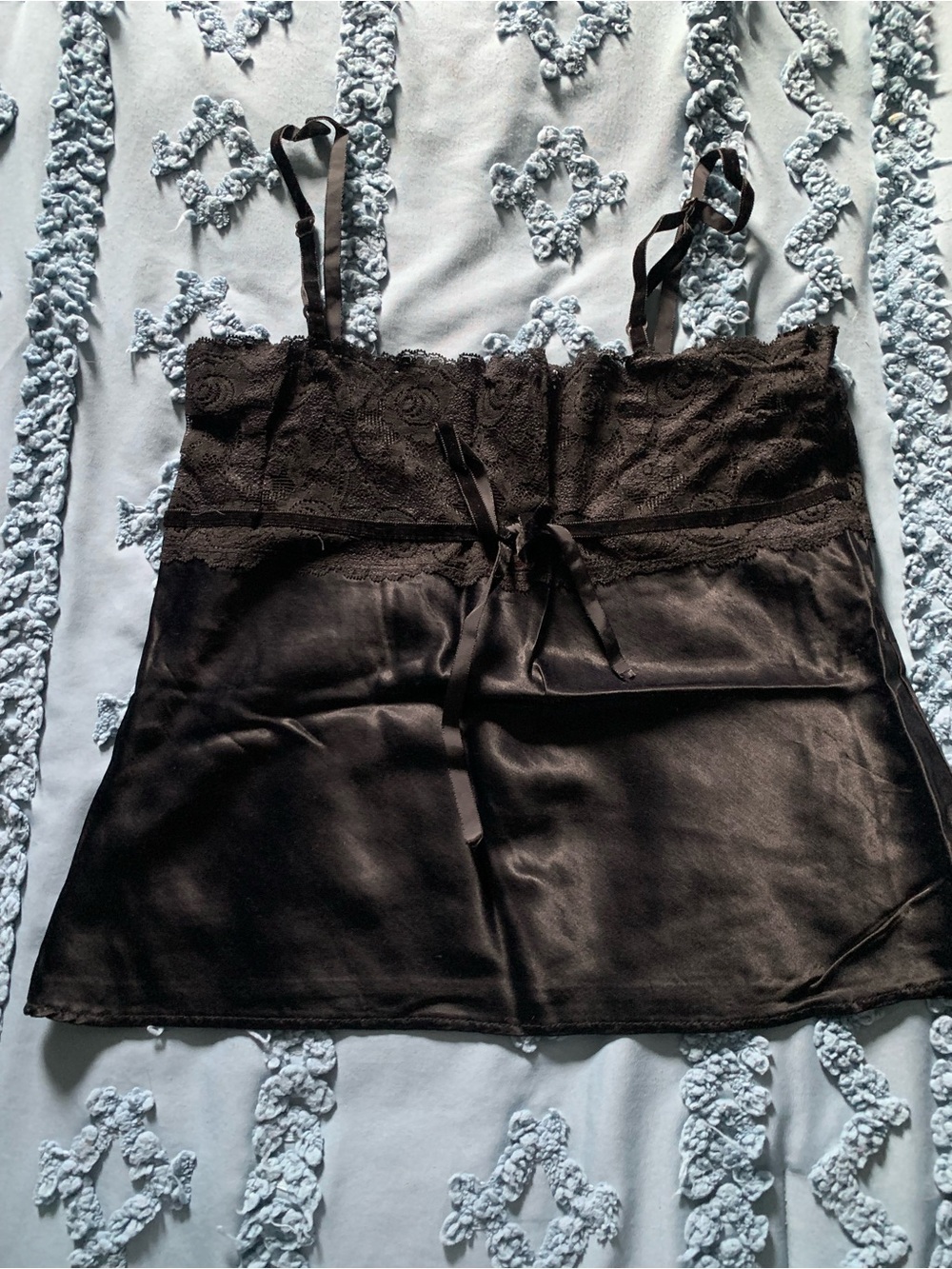 Tripp nyc Black Satin Lace Camisole with Ribbon Tie